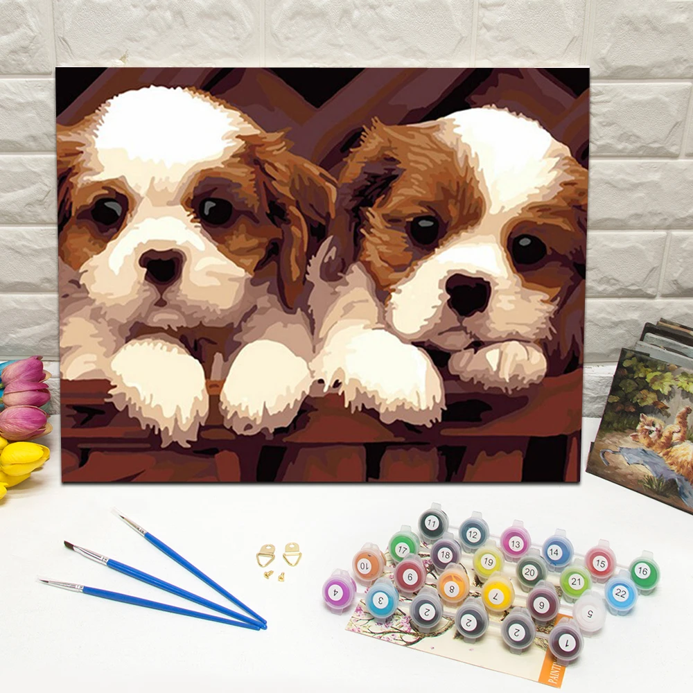 

Two Cute Puppy Oil Painting by Number Hand Painted Canvas Wall Art Picture For Living Room Decoration Wall Art 40x50cm Framed