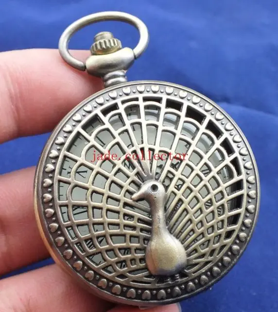 

Elaborate Chinese antique imitation old peacock statue mechanical pocket watch - Double lid