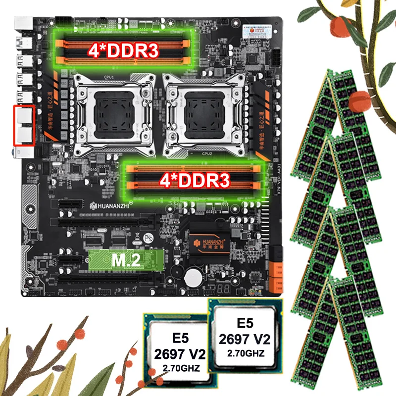 Скидка HUANANZHI материнская плата Комплект двойной X79 материнская плата с 8 DDR3 DIMMs двойной процессор Xeon E5 2697 V2 RAM 128G(8*16G) 1866 RECC