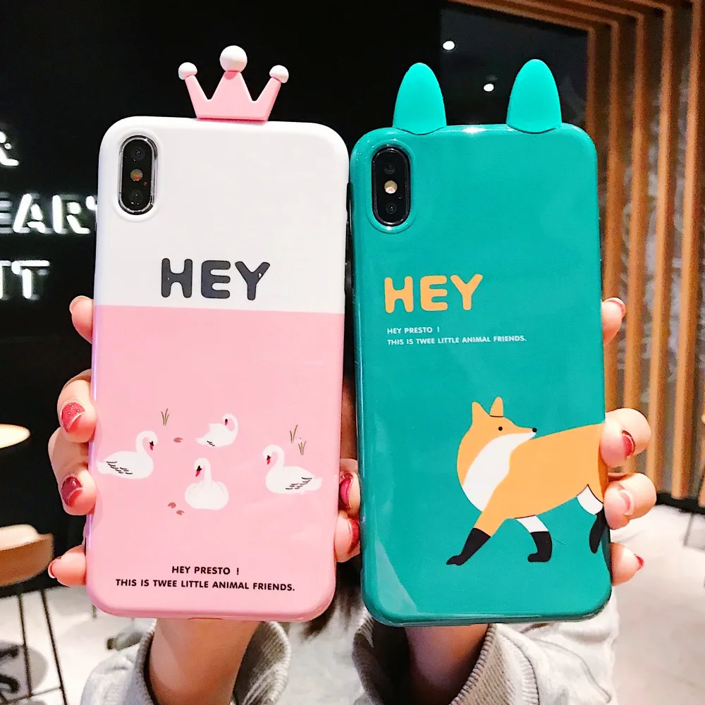 

Cute Fox Swan Pattern Phone Case For iPhone X 7 6S Plus XS MAX 8 3D Crown Ear Soft Cover For iPhone XS 6Plus 8 XR 6S 7Plus Etui