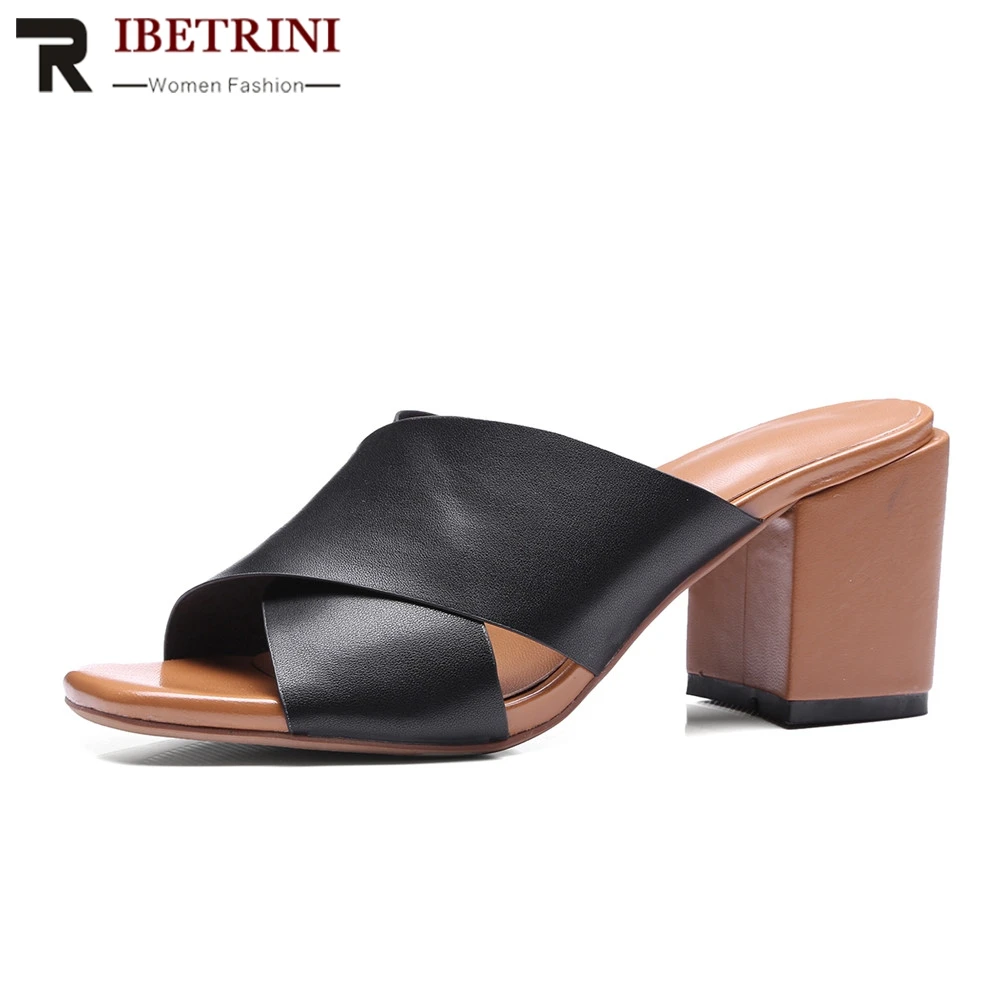 

RIBETRINI 2019 Brand New Plus Szie 32-45 women's Genuine Leather Ladies High Heels Mules Shoes Woman Casual Summer Slippers