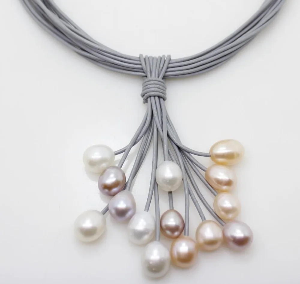 01 12 мм rel blanc rose violet perle d'eau douce pendentif collier en cuir cordon Magnet fermoir bijoux de mode|Ожерелья| |