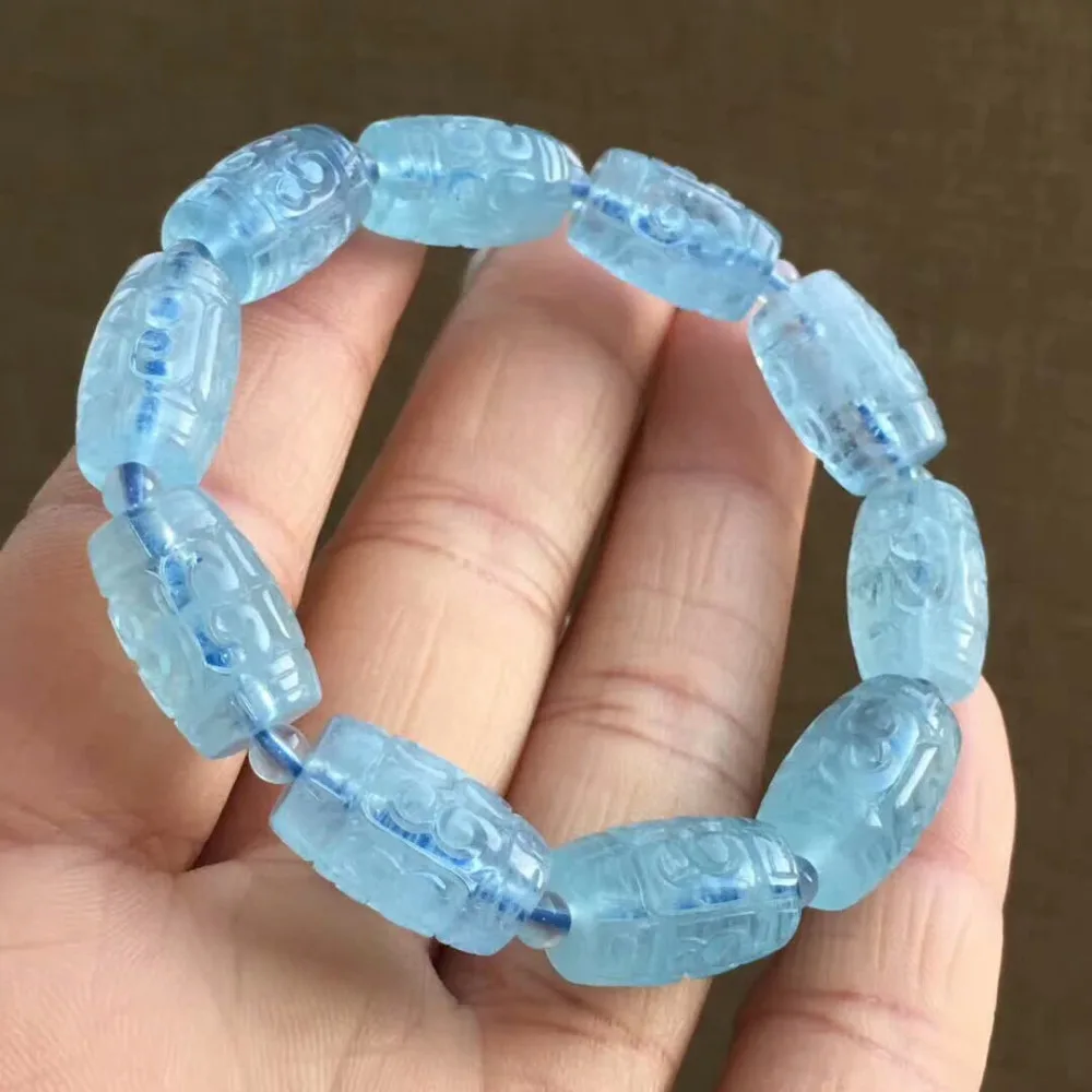 

100% 16x11mm Beads Natural Blue Aquamarine Bracelets Barrel Craved Women Female Stretch Crystal Bracelet Fashion Healing Stones