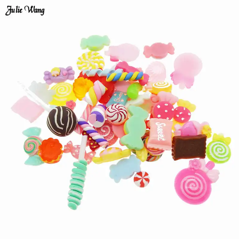 

Julie Wang 20pcs Random Assorted Resin Candy Lollipop Cabochon Hair Accessory Phone Shell Decor Slime Charm Flatback DIY Finding
