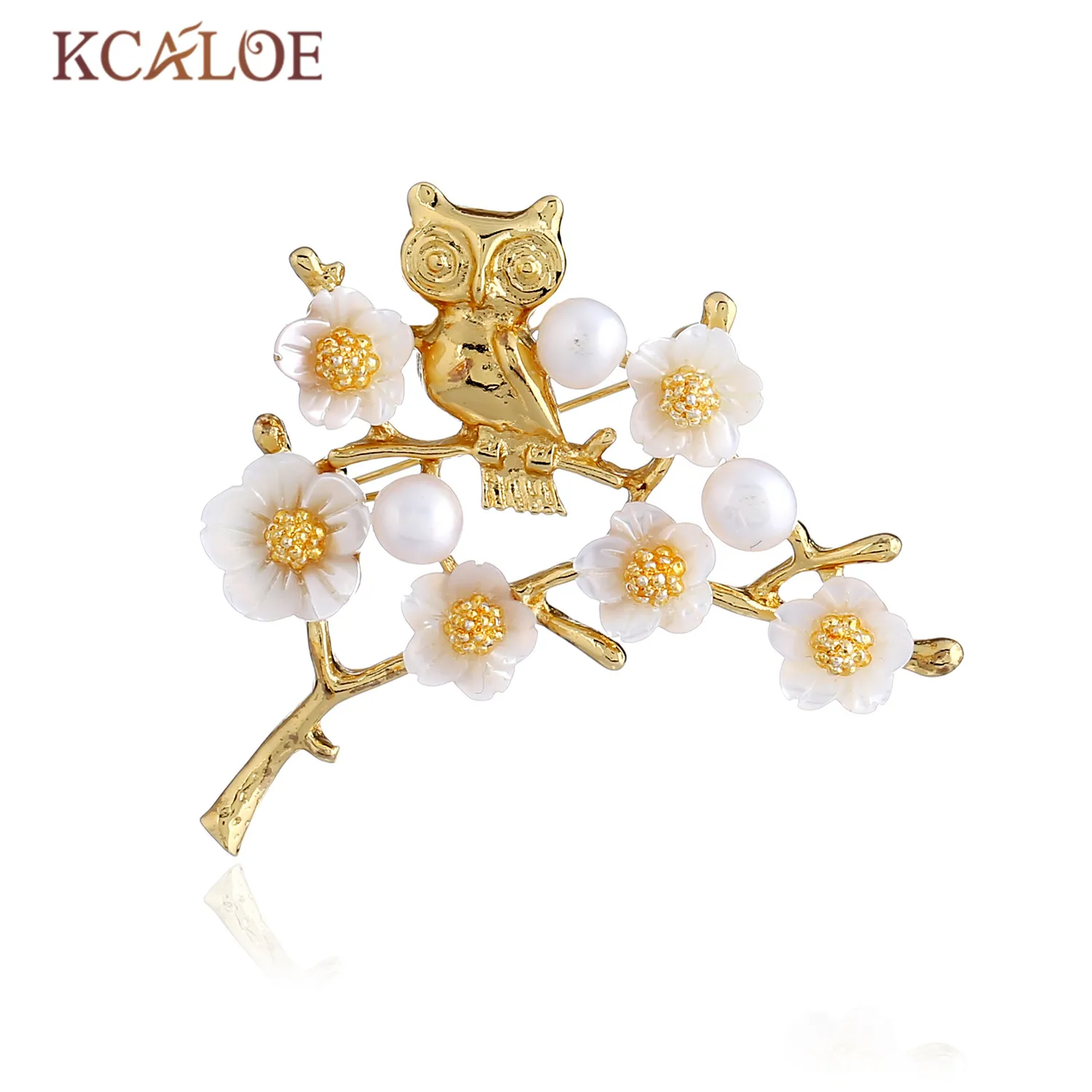 

KCALOE Gold Color Owl Animal Brooch Simulated Pearl Natural Shell Pin Small Flowers Costume Jewelry Brooches For Women Brosche