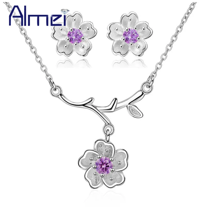 

Almei Cherry Blossoms Sakura Flower Jewelry Sets Silver Color Wedding Jewelry Set Women Earrings and Necklace Set 10% Off DT340