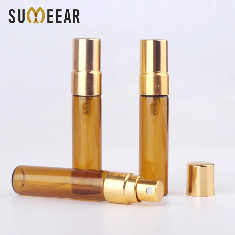 

100 Pcs/Lot Trial Pack 5ML SPRAY BOTTLE Amber Refillable Perfume Bottle Gold Spray Bottle Atomizer Brown Cosmetic Container Case