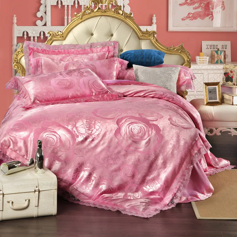 

Modal Cotton Lace Floral Pink Jacquard Quilt King Queen Duvet Cover Set with 1 Flat Sheet and 2 Pillowcases