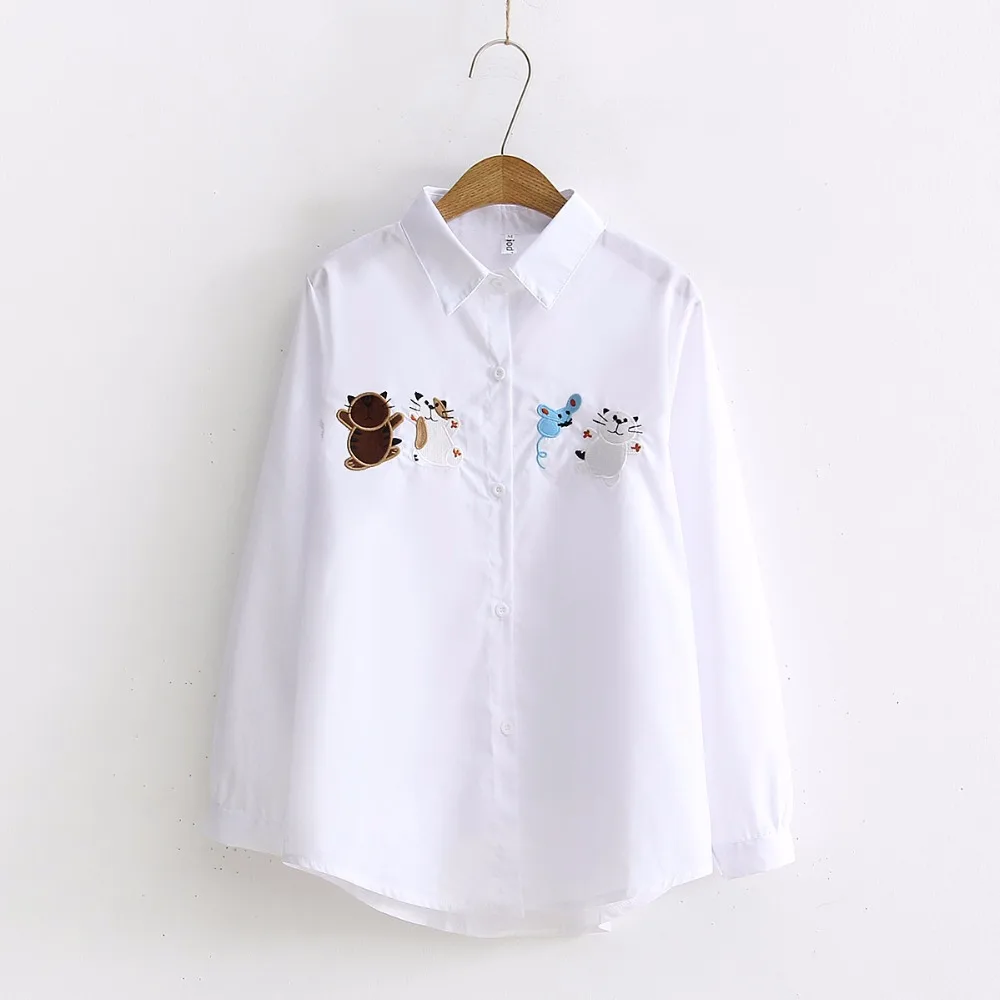 Новинка года, однотонная блузка с вышивкой в виде кошки и мышки белая рубашка на пуговицах с отложным воротником и длинными рукавами милый топ для школьниц, лидер продаж, T93704F