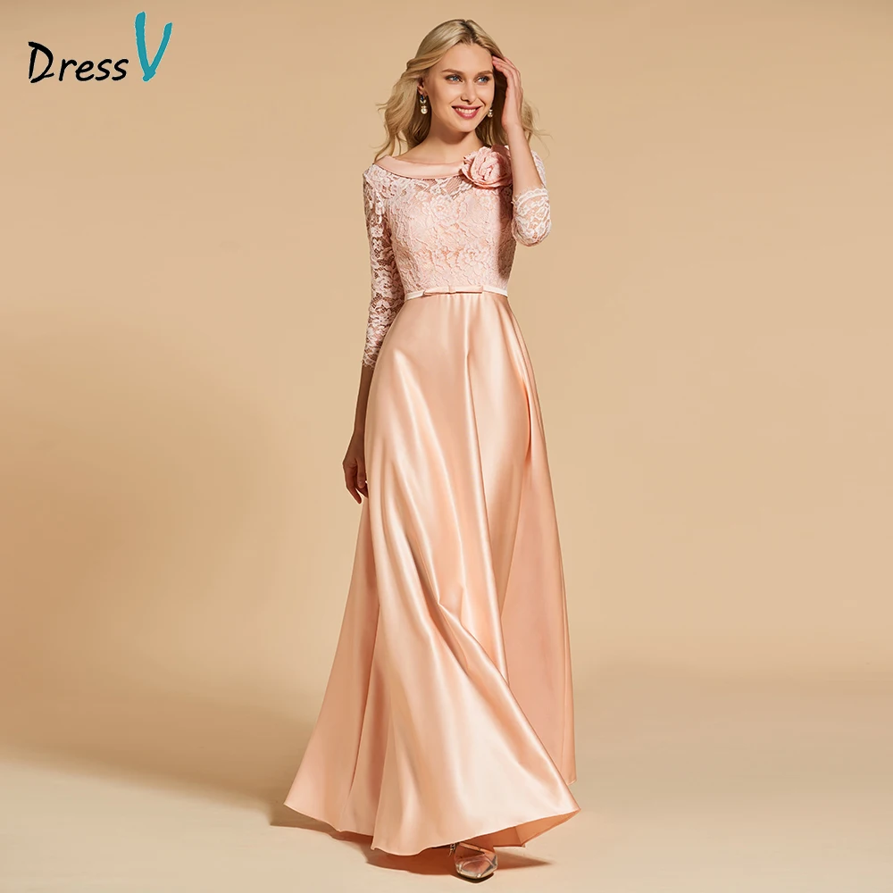 Dressv Телесно-розовое вечернее платье с глубоким вырезом, а-силуэт, 3/4 рукава, длина до пола, карманы, свадебное вечернее платье, вечернее платье es