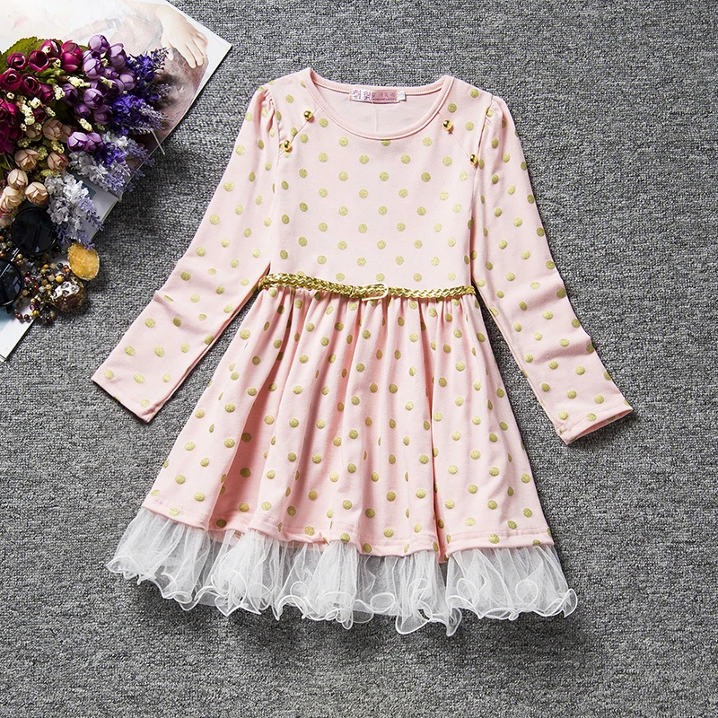 Платье для маленьких девочек; платья в горошек с длинными рукавами для девочек; детская одежда; платье принцессы; roupas infantis От 2 до 6 лет