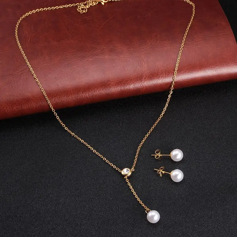 

Long Pearl CZ Necklace Earring Jewelry Set Stainless Steel Heartbeat Pendant Necklace Jewelry for Women Bijoux Femme