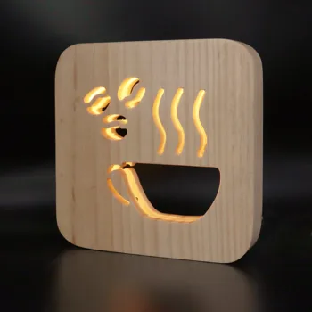 

Miumiu New Coffee cup Craft Atmosphere Lamp Wooden Carved Hollow Night Light USB LED Baby Children Room Desktop Decoration