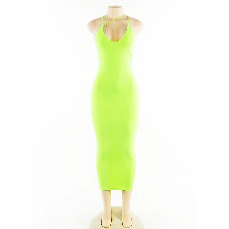 Криптографическое неоновое платье без рукавов на бретельках, сексуальное платье с открытой спиной и v-образным вырезом, Клубные вечерние платья, облегающее длинное платье, сарафан - Цвет: neon yellow