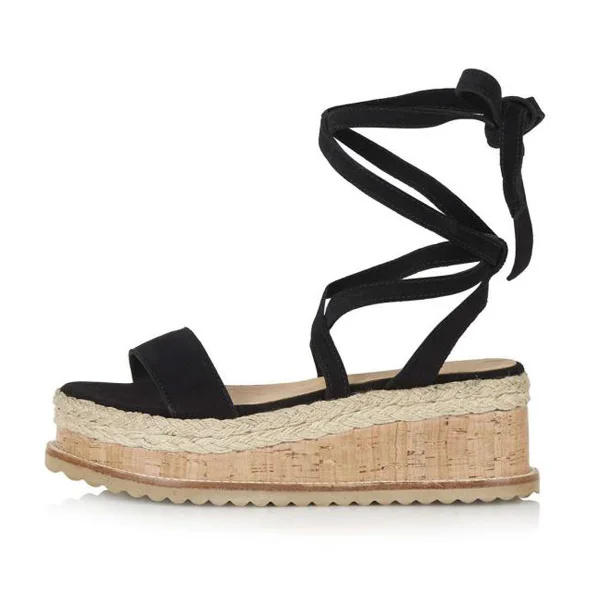 Women Flat Wedge Espadrille Sandals Lace Tie Up Platform Summer Beach Shoes Best Sale-WT