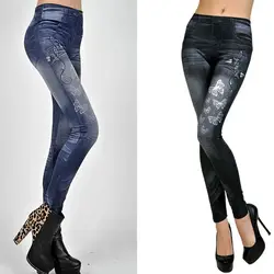 2 цвета 2016 Лидер продаж женские леггинсы синий и черный для девочек узкие Леггинсы Имитация джинсы дизайн с принтом бабочки 6b