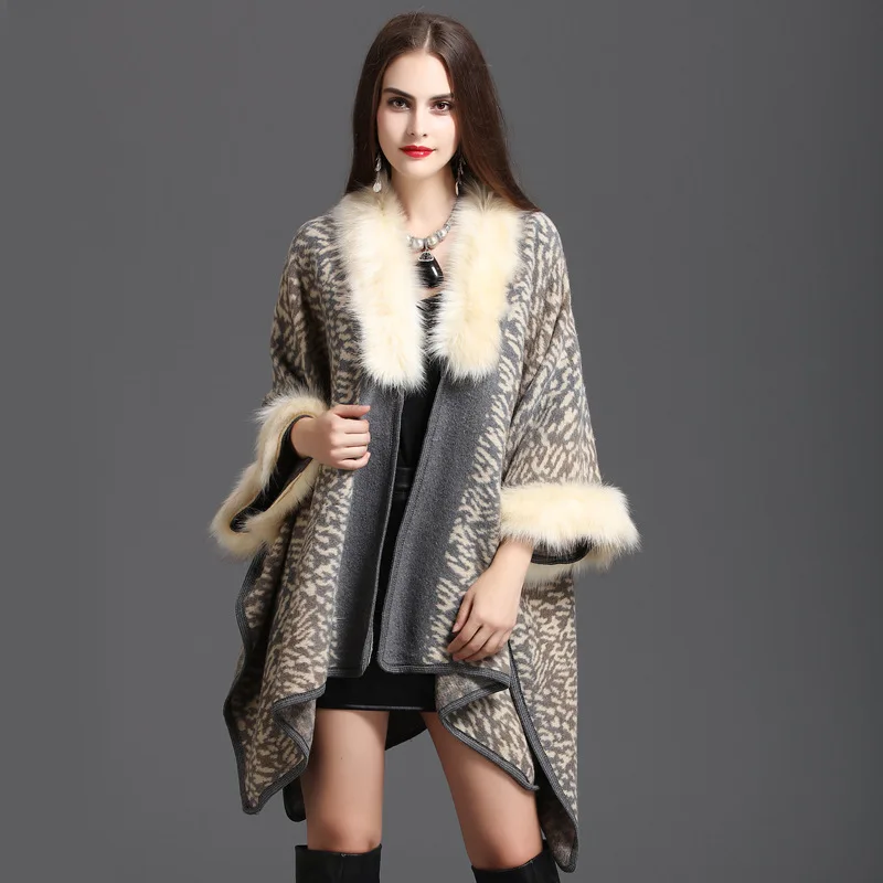 

Knitted Cardigan Shawl Cape Coat knitted sweater Women cashmere Poncho Capes Cardigans Sweater with fake fox fur collar and cuff