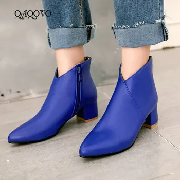 

Women Ankle Boots Cosy Square Low Heel Western Boots Fashion Pointed Toe Zipper Boots Autumn Winter Ladies Shoes Big Size 34-43