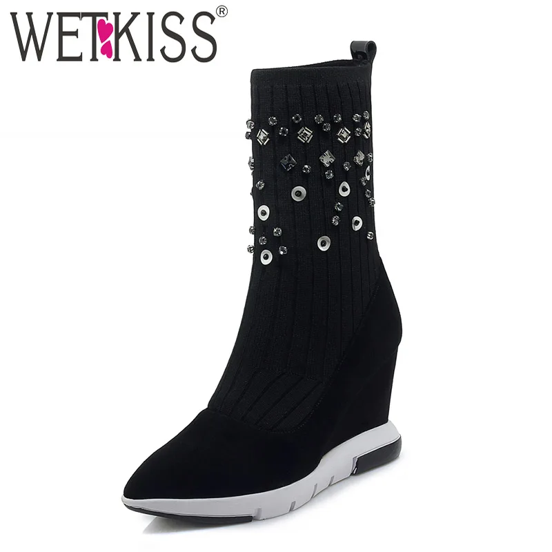 

WETKISS Kid Suede Ankle Women Boots Pointed Toe Crystal Wedges Footwear High Heels Platform Sock Boot Casual Knitted Shoes Women