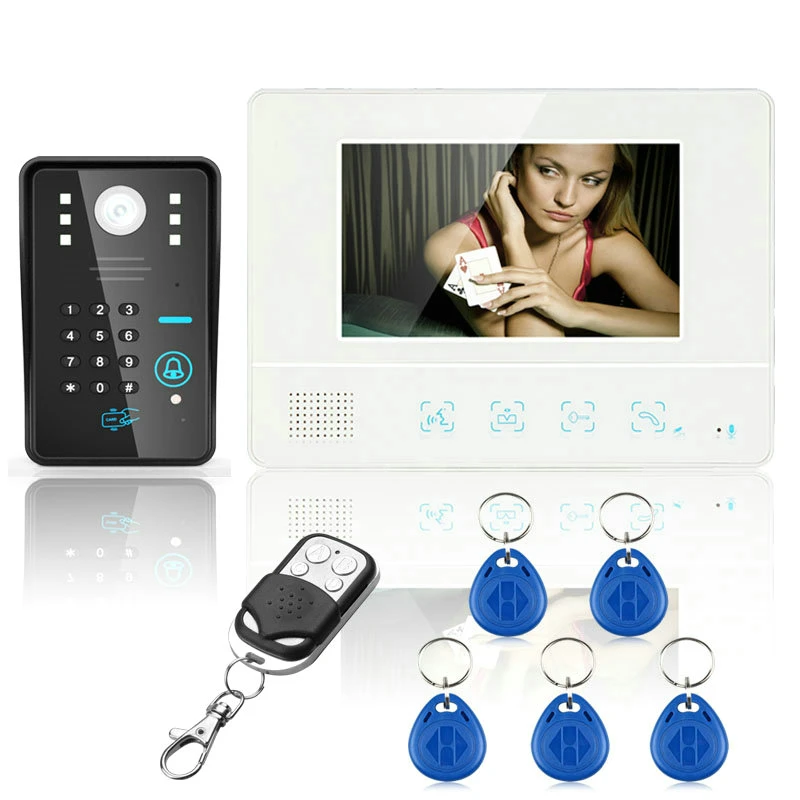 

Free Shipping Wired Touch Key 7" Video Door Phone Intercom System 1 RFID Keypad Code Number Doorbell Camera 1 Monitor 1000TVL