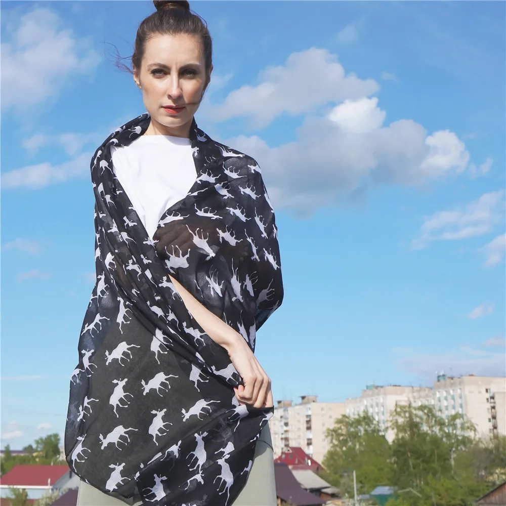 Jinjin.QC Women Lightweight Black and White Viscose Scarf Reindeer Printed Scarves and Shawls Instant  Summer Lady  Bandana