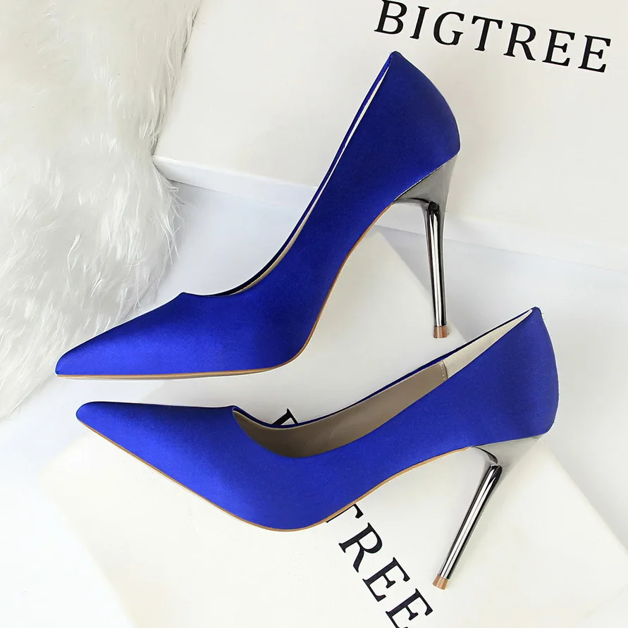 

Women Pumps Shoes Satin Fashion Thin 10.5cm High Heels Slip-On Pointed Toe Shallow Club Sexy Lady Party Wedding Female Shoes