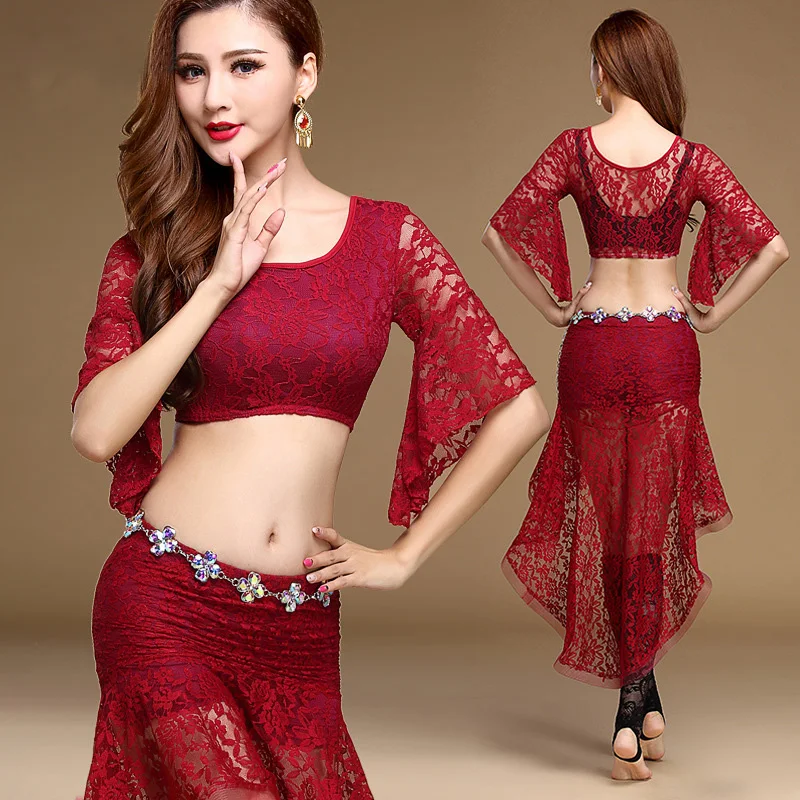 

Sexy Belly Dance Costume Lace Half Sleeves Irregular Skirt Oriental Dance Costumes Oriental Dancer Performance Suit 2pcs/set