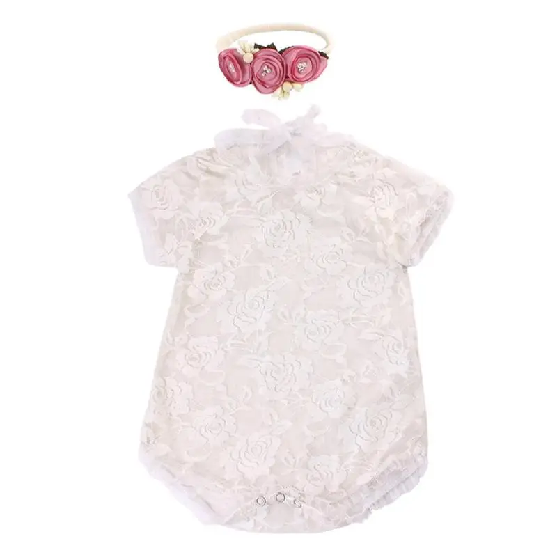 

Newborn Baby Cotton Romper Cute Backless Hollow Bowknot Lace Costume Headband Infant Photo Outfits Baby Girls Flower Outfit