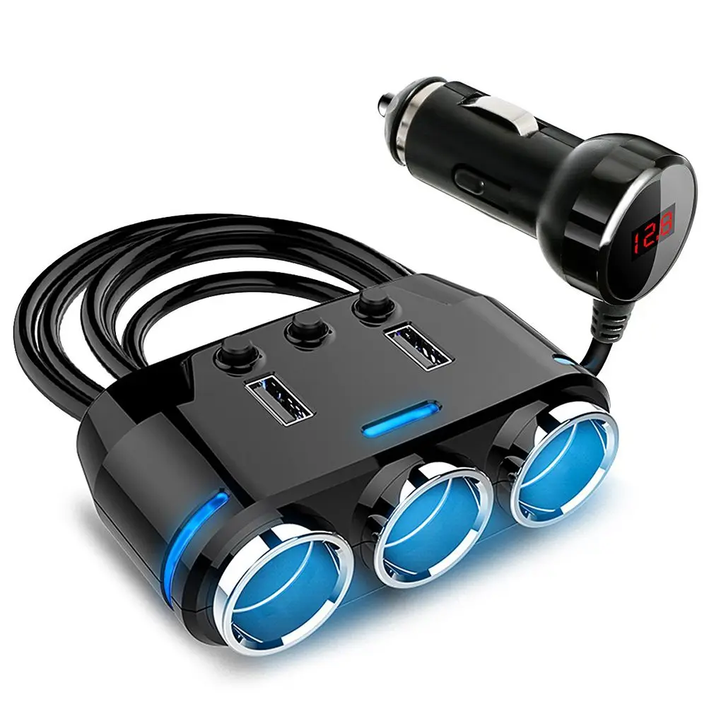 

3 Way Car Cigarette Lighter Dual USB Car Charger Voltage Detection Socket Splitter Power Adapter