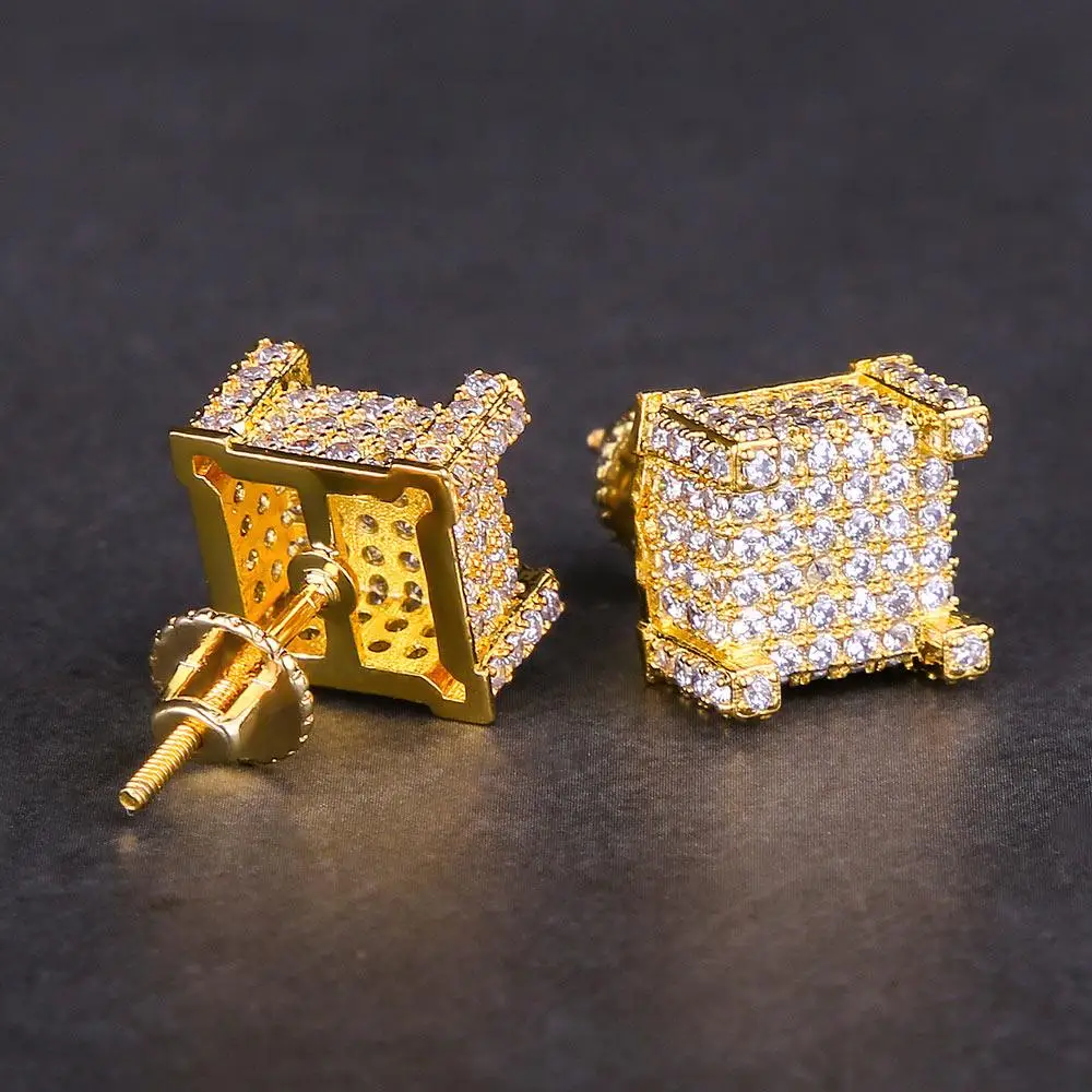 Iced Out Gold Stud Earrings for Men Micro Pave Earring Punk Hip Hop