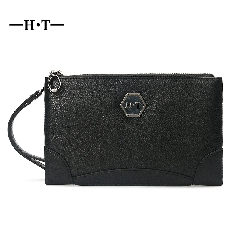 

HT Simple Casual Clutch Men Carry Bags Genuine Leather Day Clutches Mens Handbags Rivet Embossing Purse Black Vintage Long Pouch