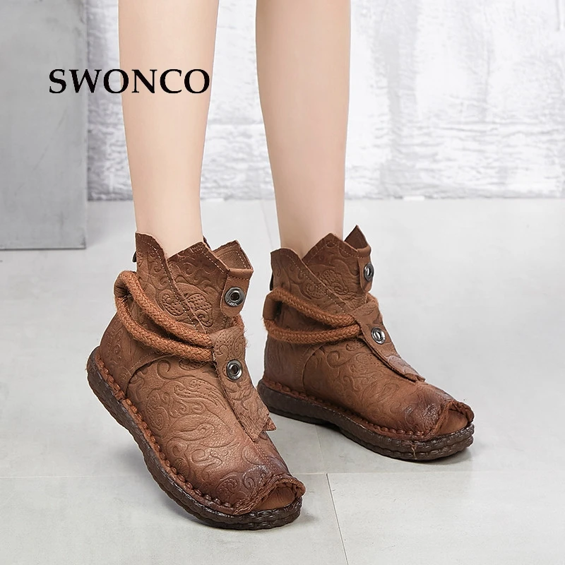 SWONCO Women's National Wind Ankle Boots 2018 Spring Autumn Genuine Leather Ladies Boot Ankle Boots For Women Female Shoes Boot