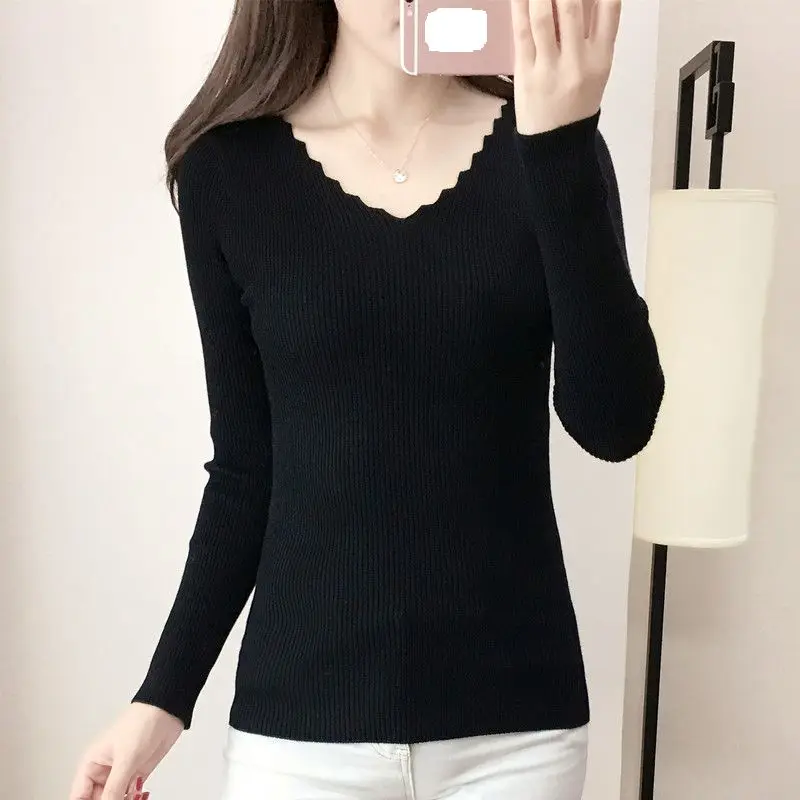 2021 Special Offer New Winter Jacket Korean Tight Long Sleeved Black V Neck Sweater Female A Bottoming Shirt | Женская одежда