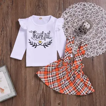 

2019 Toddler Baby Girls Long sleeve T-Shirt + Dress 2PC Clothes set Thankful printed outfits 5sets/lot