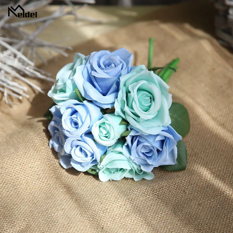 Meldel свадебные букет искусственного шелка Роза Пион 7 цветок с головками розовый букет невесты DIY Выходные туфли на выпускной бал Свадебные Поставки - Цвет: azure