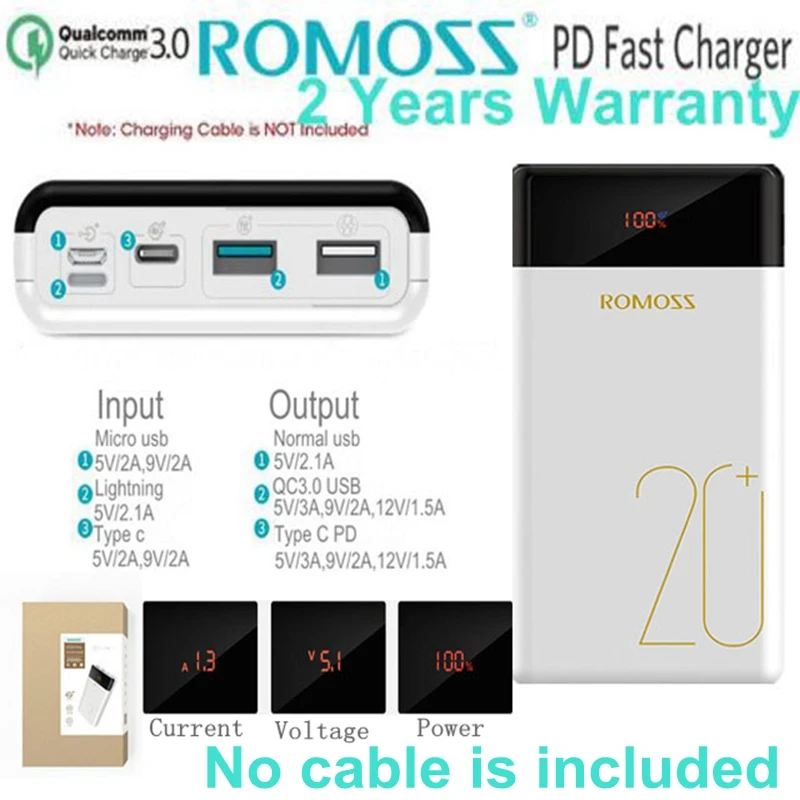 

Romoss Quick Charge 3.0 Power Bank 20000mah PD Type C Powerbank QC3.0 9V 12V for iPhone X Xiaomi Huawei Samsung Quick Charge
