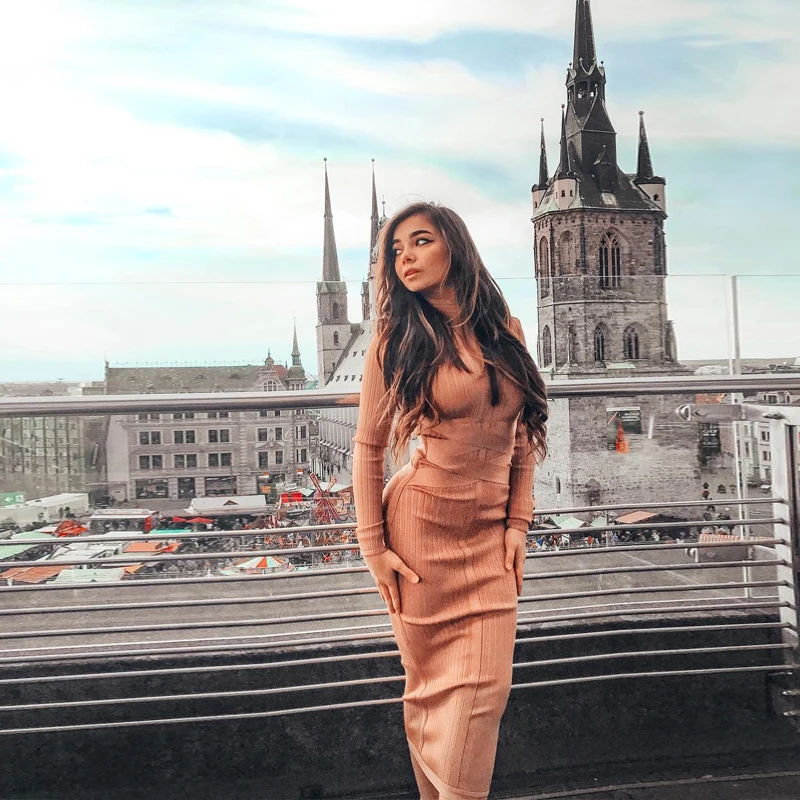 Nayssi 2019 New Women's Bandage Dress Nude Winter Fashion Sexy Bodycon Midi-Calf Long Sleeve  (9)