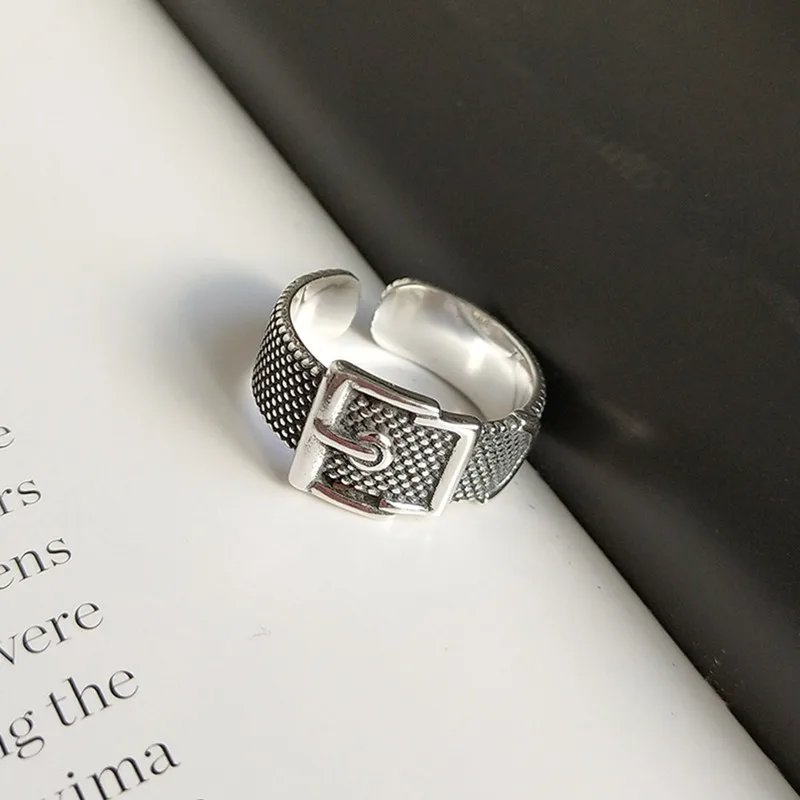 CosFecit 925 Sterling Silver Rings for Women Trendy Black Belt Silver Rings Classic Vintage Woman Opening Ring Female Jewelry  (4)