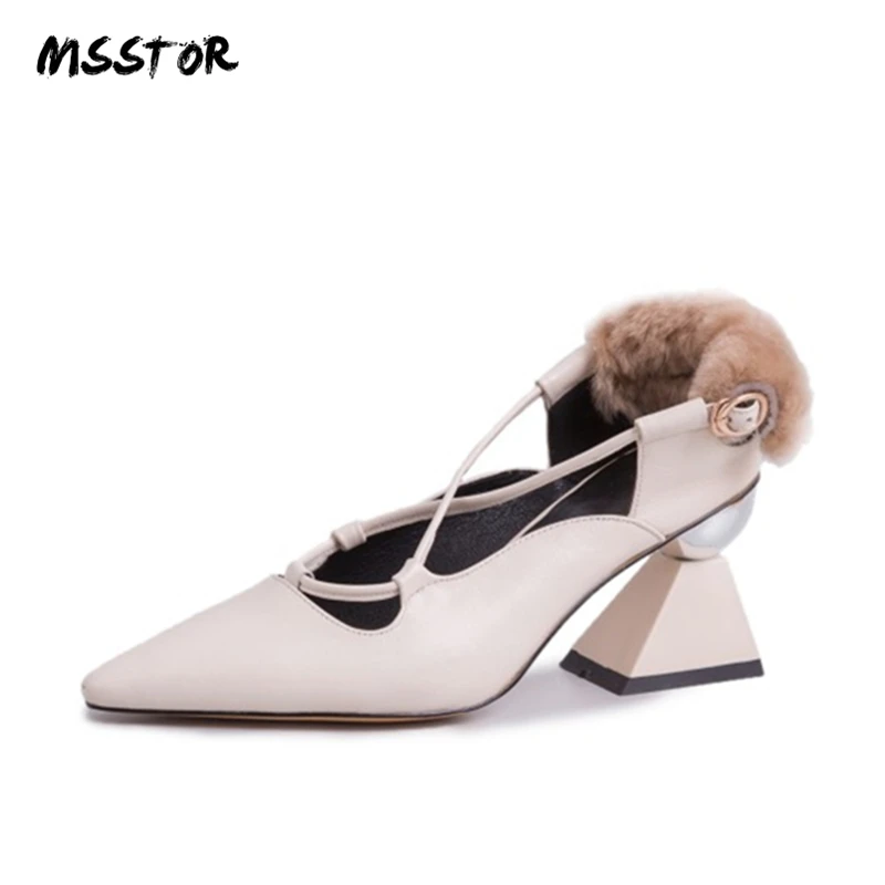 

MSSTOR Pointed Toe High Heels Fur Cross-tied Genuine Leather Elegant Fashion Autumn Spring White Heels Slingback Sexy 2019 Shoes
