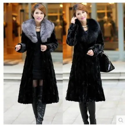 

Womens Winter And Autumn Large Size Black Faux Fox Fur Coats Long Section Turn Down Collar Man-Made Fur Overcoats Clothes C26