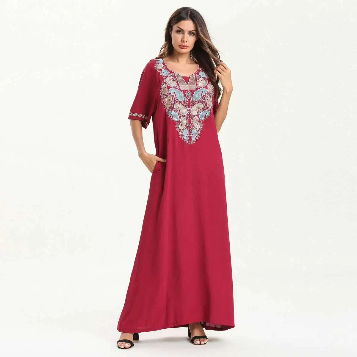 

Summer Women Maxi Dress Short Sleeve Embroidery Ethnic Muslim Abaya Dubai Kaftan Islamic Clothing Arabic Ramadan Robe Long Dress