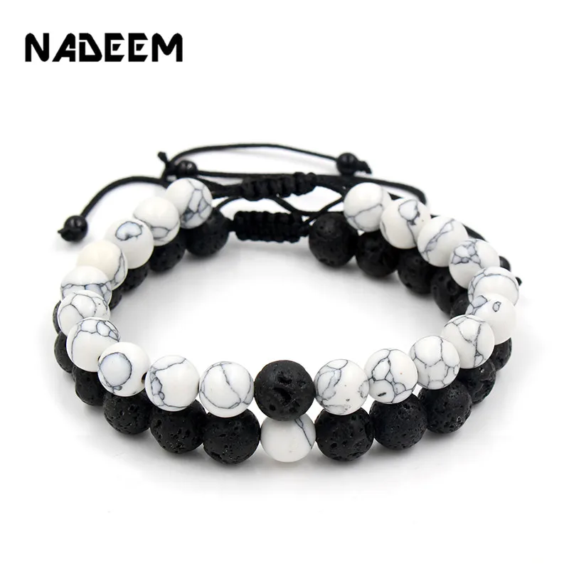 

Adjustable 2Pcs/Lot Beaded Bracelets Bangles Set Natural Lava,Howlite Stone White Black Braiding Macrame Bracelet For Women Men