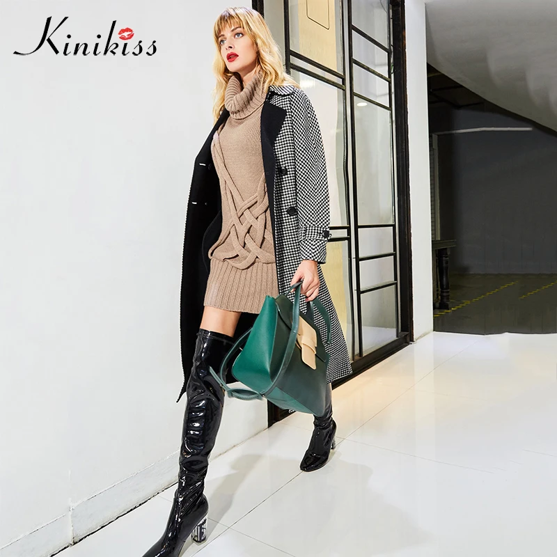 Kinikiss 2018 Женское зимнее кашемировое пальто черная клетчатая модная пикантная