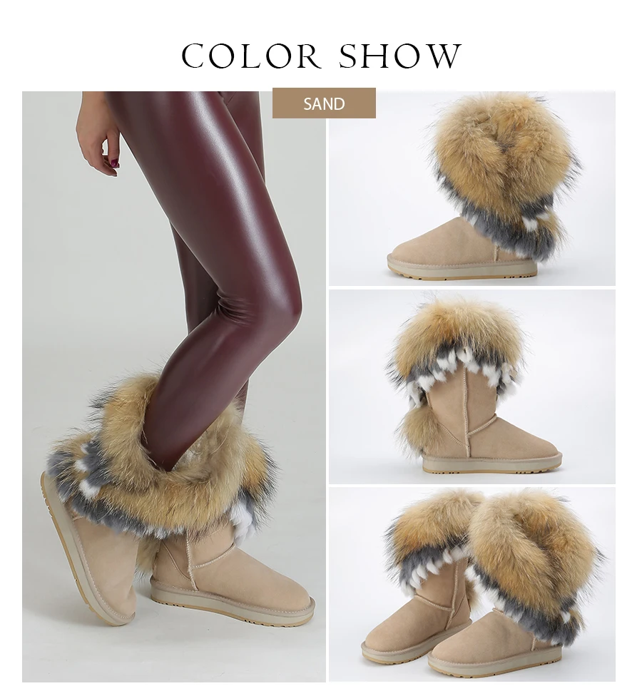 INOE/женские зимние ботинки из коровьей замши с лисьим мехом; зимняя обувь с кисточками на кроличьем меху обувь на плоской подошве черного, коричневого, серого цвета; Размеры 35-44