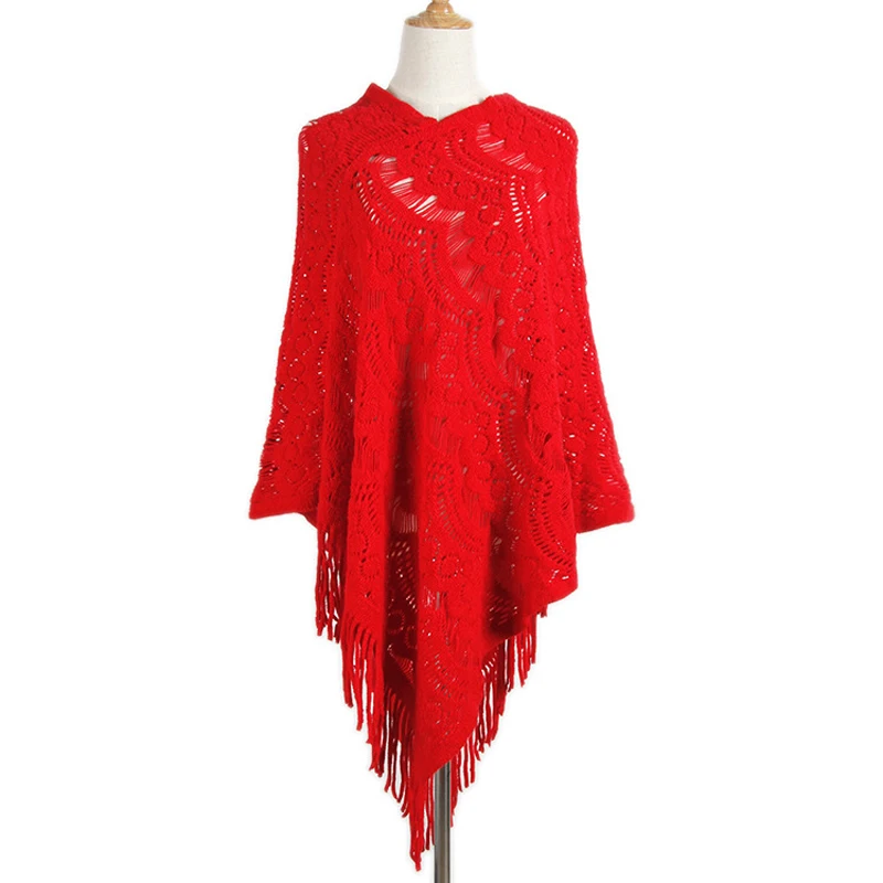 

ZADORIN Women Sweaters And Pullovers Solid Fringe Asymmetrical V Neck Knitted Sweater Hollow Out Cloak Shawl Casual Streetwear