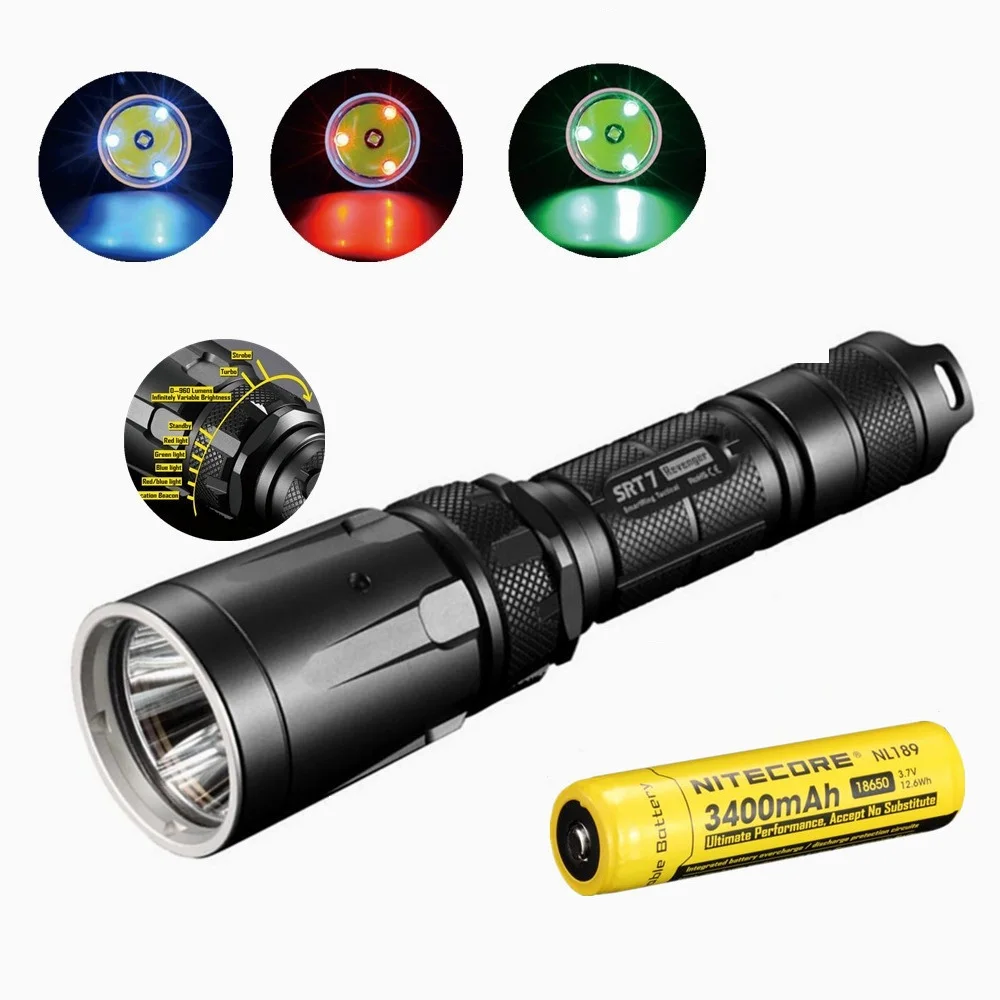 

NITECORE SRT7 Flashlight CREE XM-L2 960LM Smart Selector Ring Search Torch green blue red w/Nitecore NL189 18650 3400mah battery