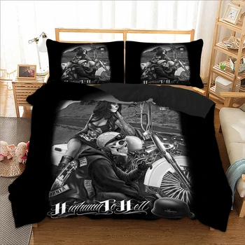 

Motorcycle Skull Duvet Cover Black Gothic 3D Bed Linen Twin Single Queen King Size Bedding Sets Pillow Cases For Adult Home 3pcs