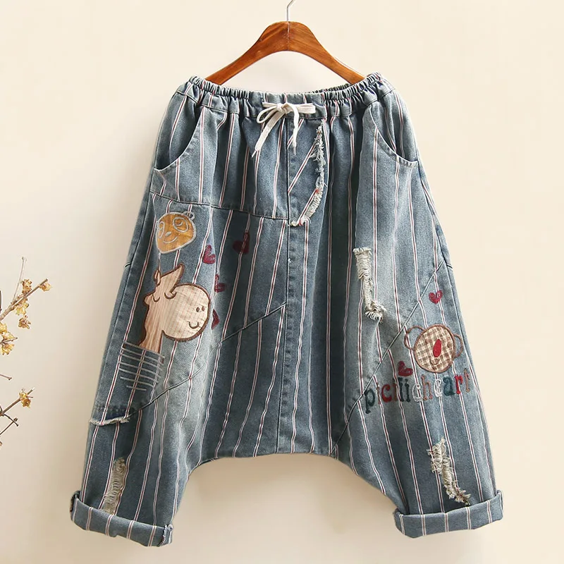 

Summer Print Denim Pants Women 2019 Japanese Mori Girl Patchwork Elastic Waist Fashion Loose Casual Women Trousers YoYiKamomo