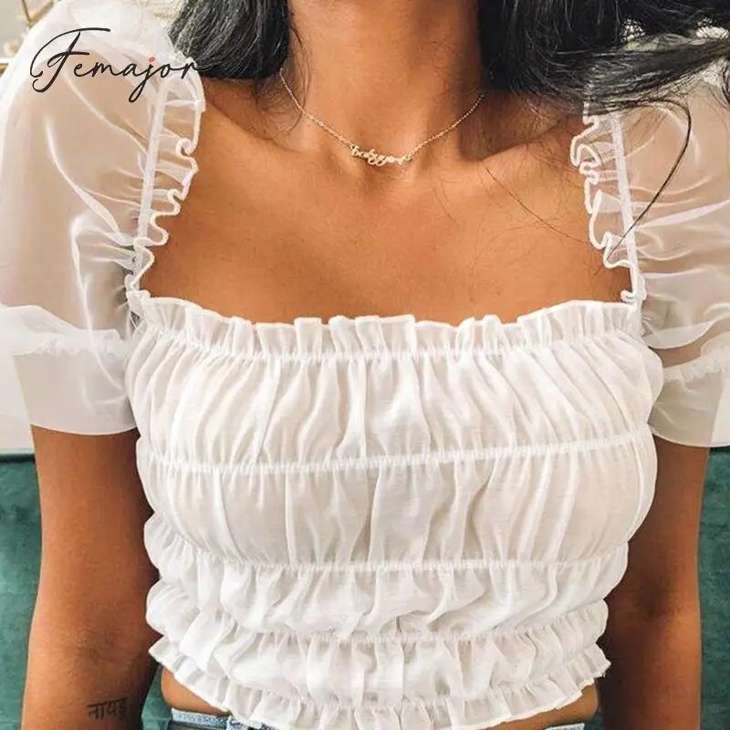 

Femajor Women Fashion Sexy Crop Tops and Blouse Female White Square Collar Short Sleeve Short Shirt Chic Mesh Mujer Blusa Girl