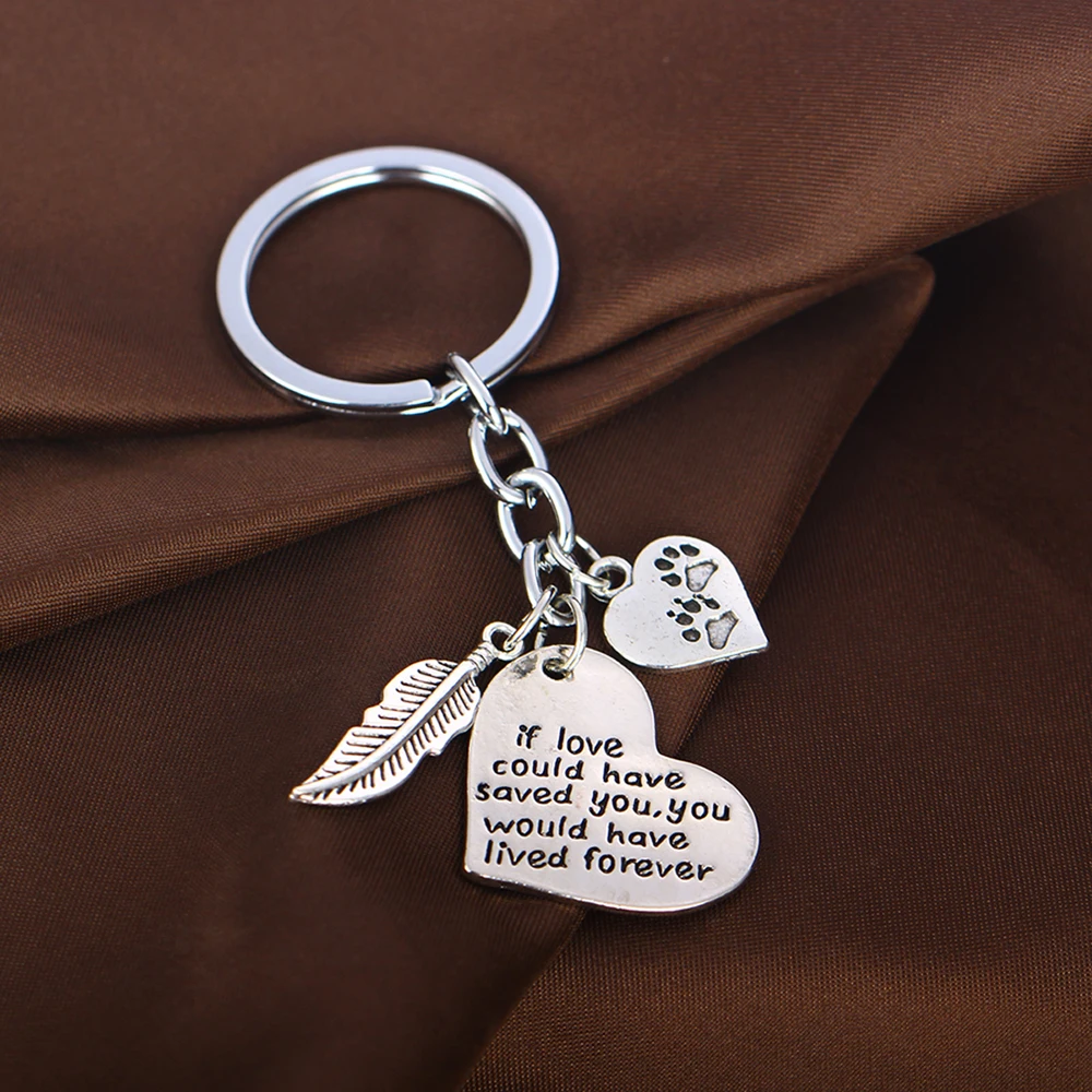 Paws Keyring Necklace Love Heart Pendants Charm Dog Tag Pet Gift Keychain Silver 